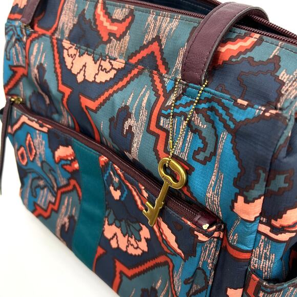 Fossil Large Tote Jenna Shopper Blue Multi Purse Double Handle With Key Charm - Picture 11 of 11
